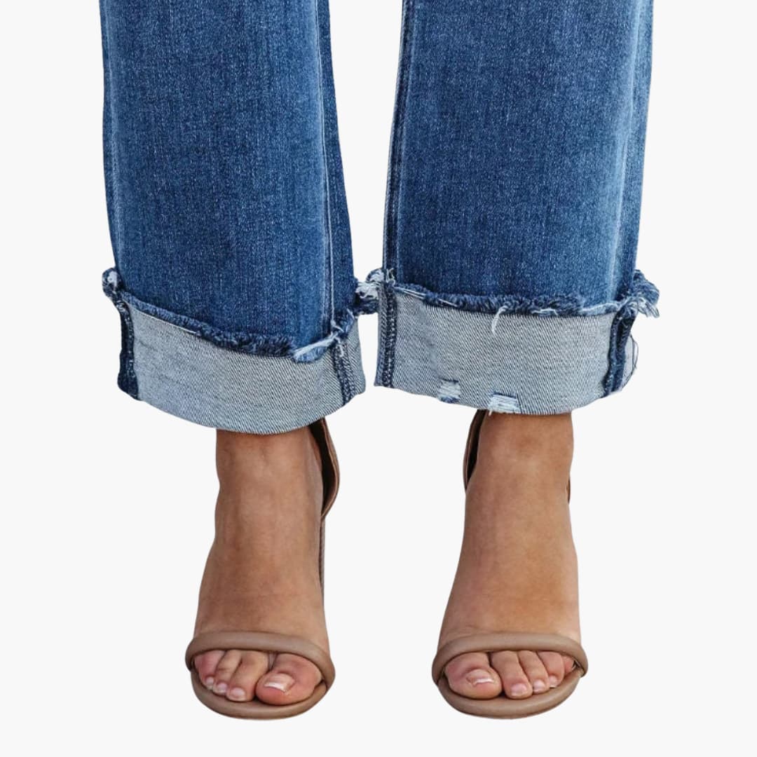 Women's Distressed High-Rise Cuffed Jeans in Blue