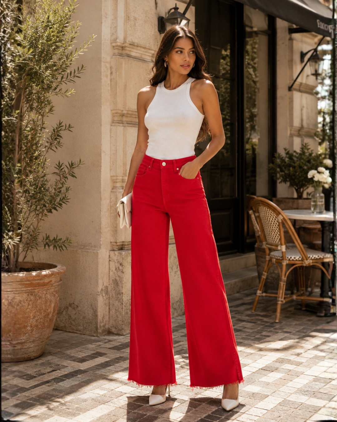Women's High-Rise Wide-Leg Palazzo Jeans in Red