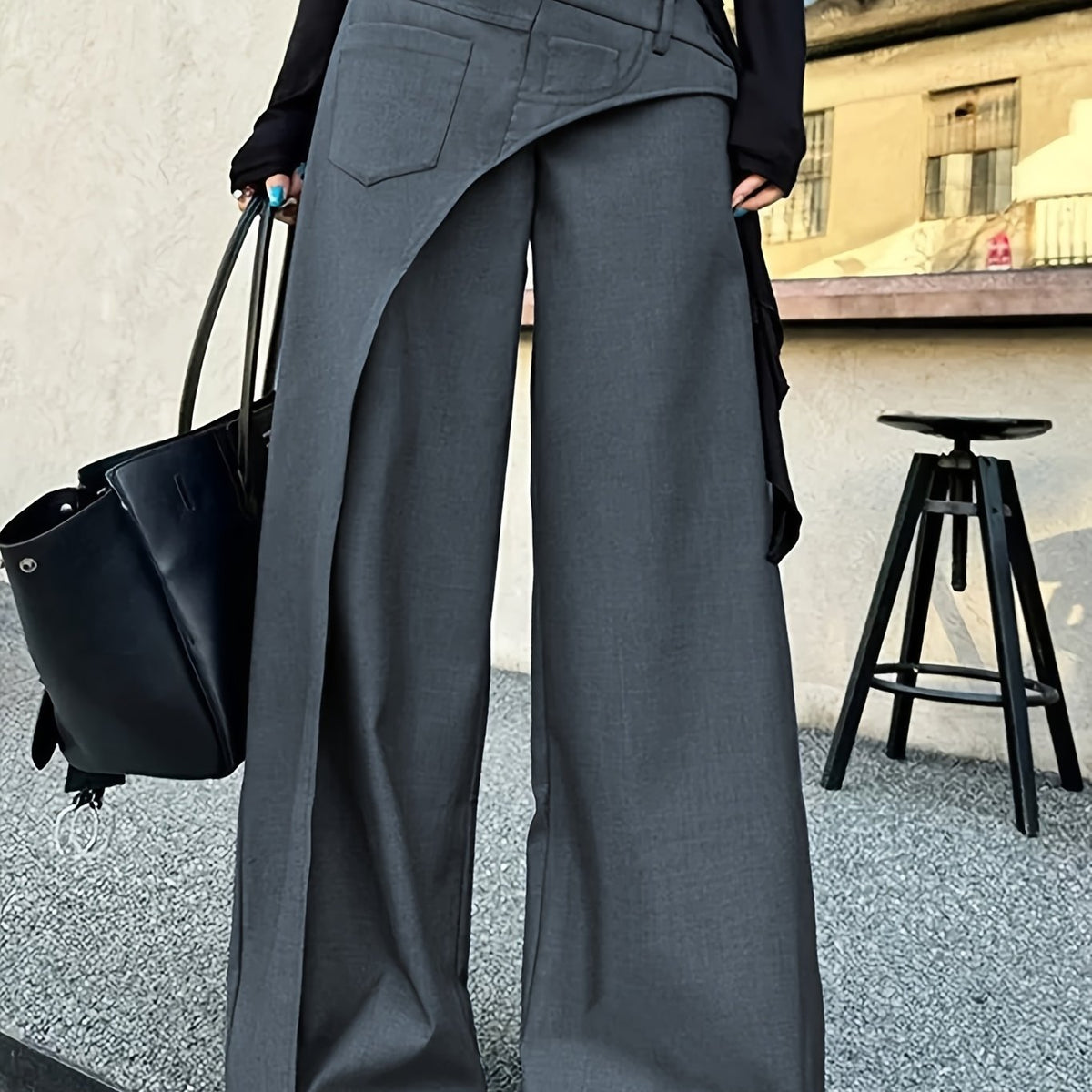 Women's Asymmetric Layered Wide-Leg Trousers in Dark Grey