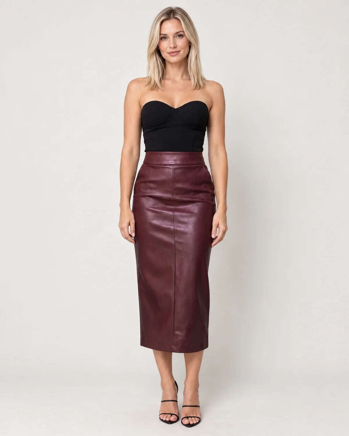 Women's High-Waisted Faux Leather Midi Pencil Skirt