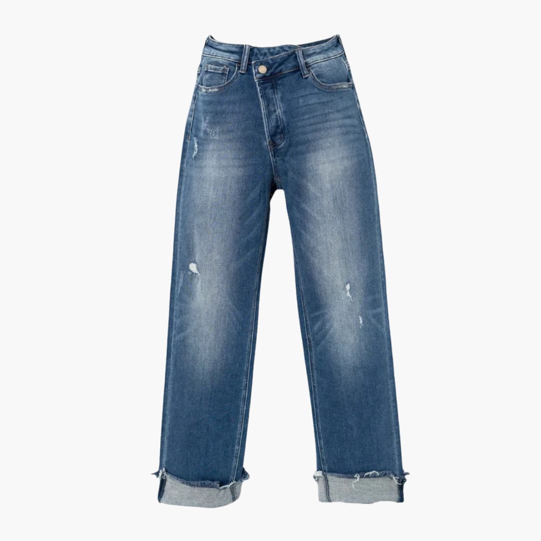 Women's Distressed Straight-Leg Jeans with Turn-Up Hem