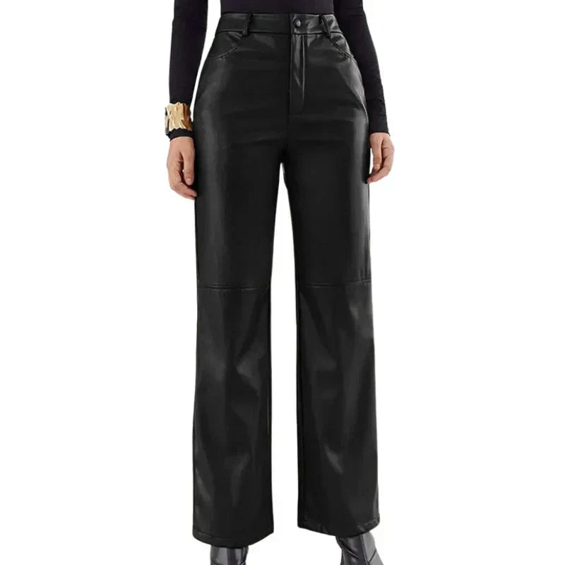 Women's Leather High-Waisted Wide-Leg Trousers in Black