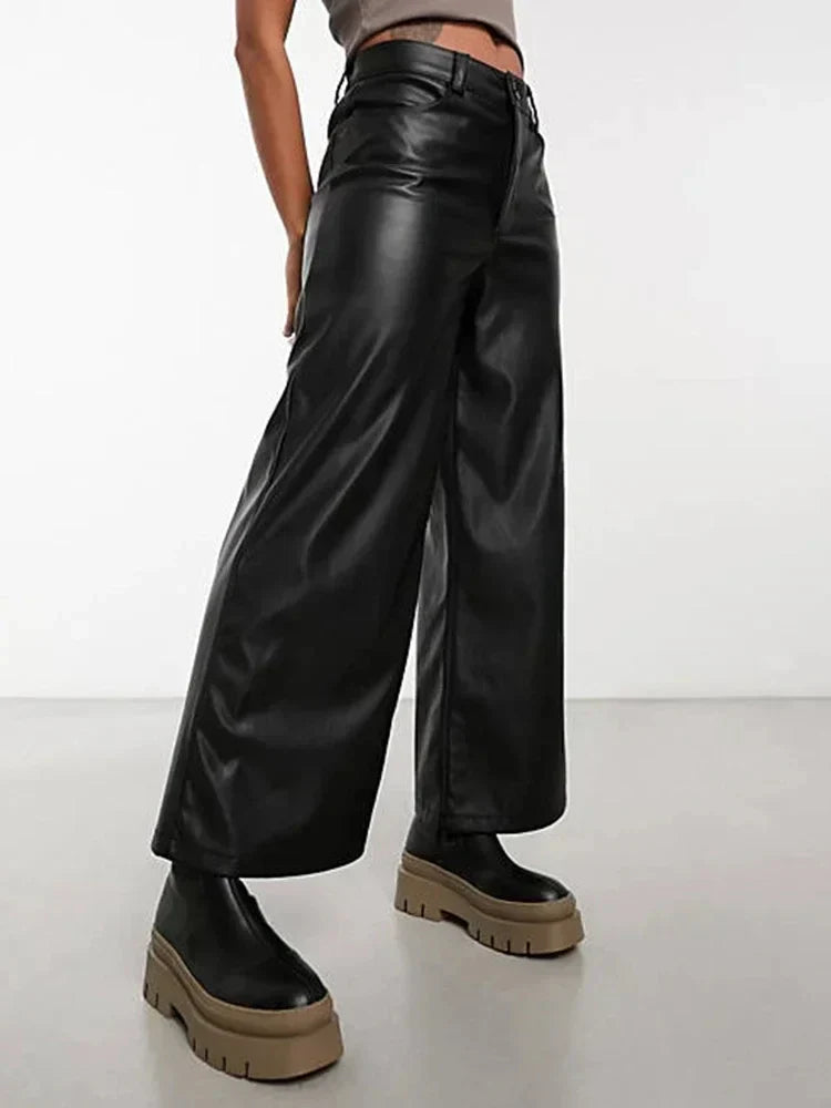 Women's Leather High-Waisted Wide-Leg Trousers in Black