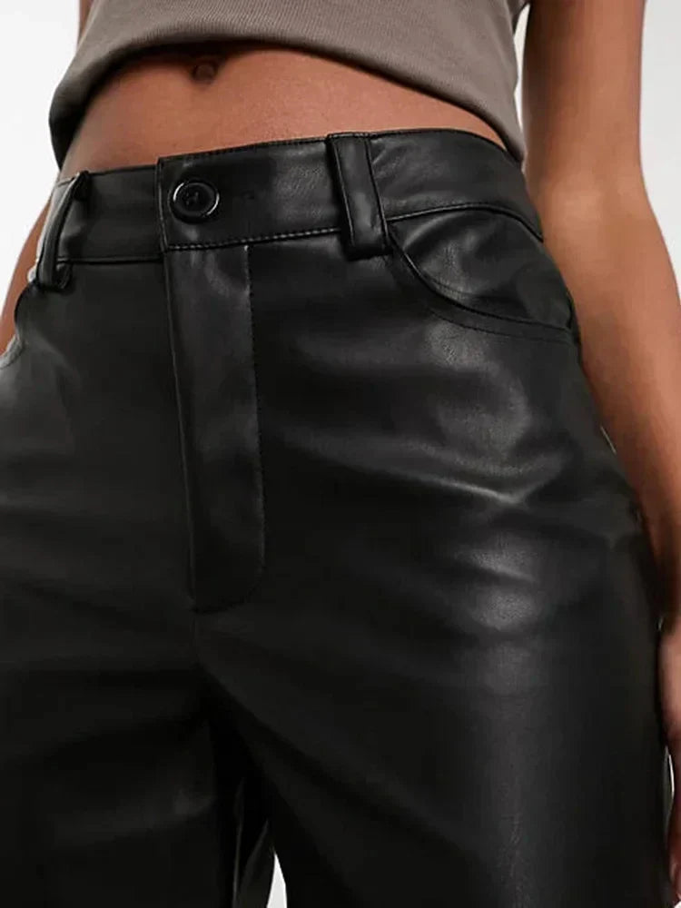 Women's Leather High-Waisted Wide-Leg Trousers in Black