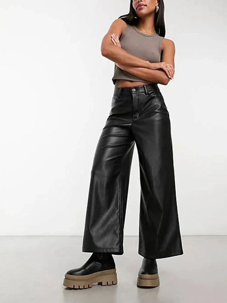 Women's Leather High-Waisted Wide-Leg Trousers in Black