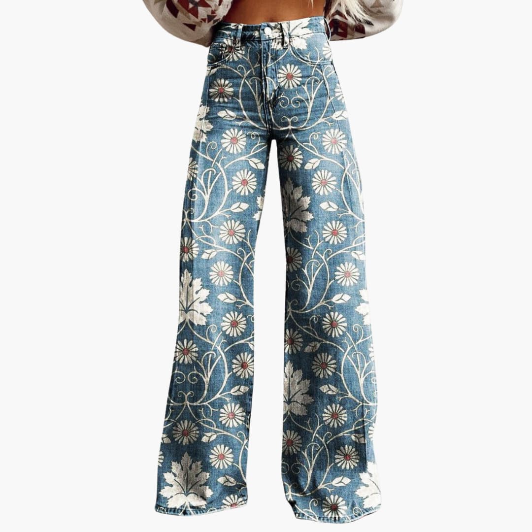 Women's Floral Print Pull-On Wide-Leg Trousers in Blue