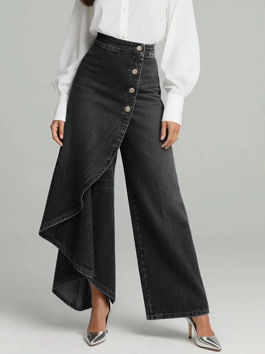 Women's Button-Front Ruffle Denim Wide-Leg Trousers