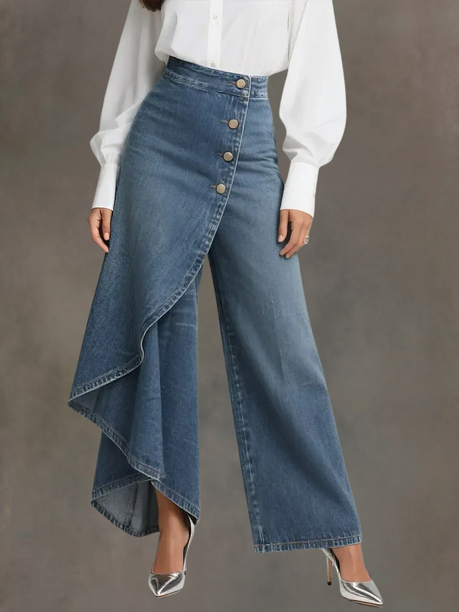 Women's Button-Front Ruffle Denim Wide-Leg Trousers