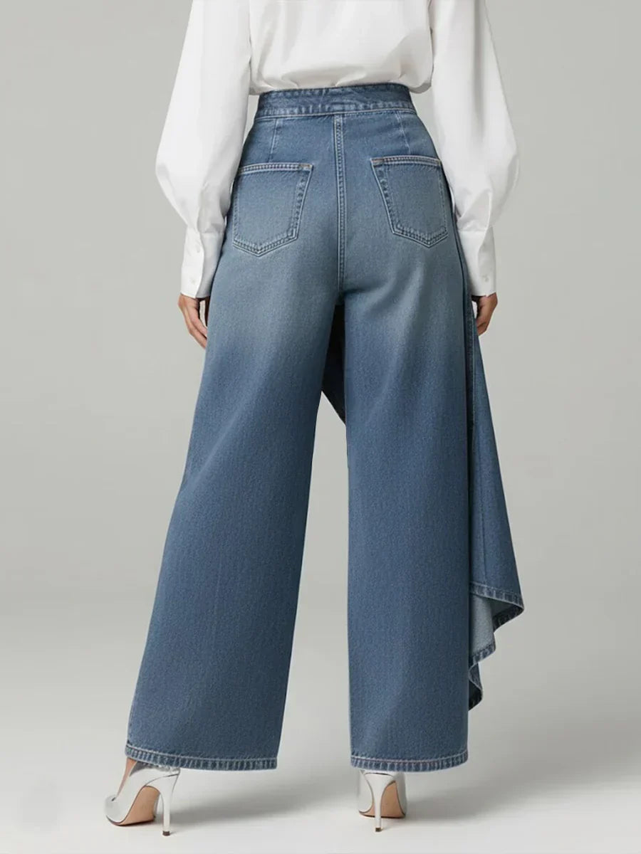 Women's Button-Front Ruffle Denim Wide-Leg Trousers