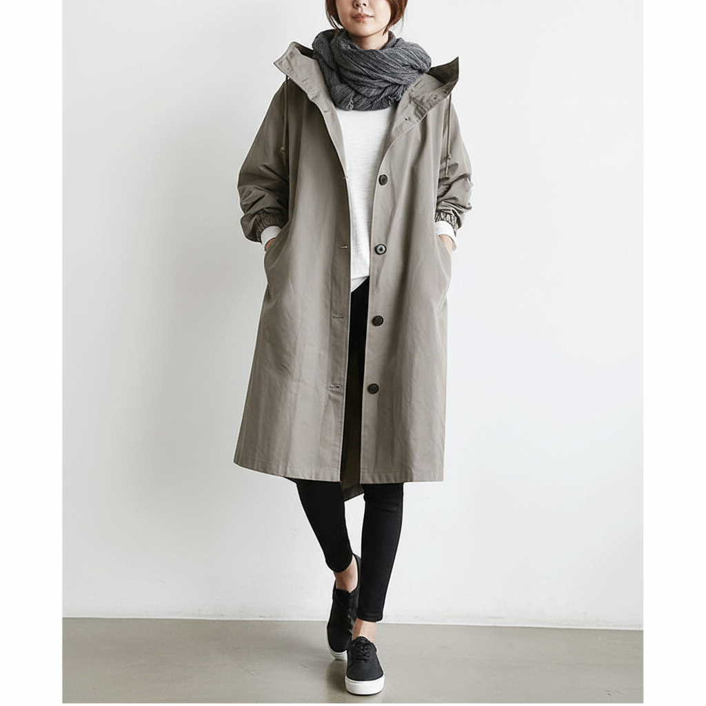 Women's Hooded Button-Front Longline Trench Coat