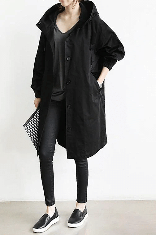 Women's Hooded Button-Front Longline Trench Coat