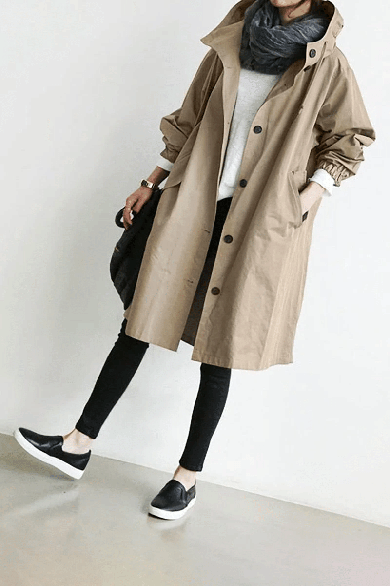 Women's Hooded Button-Front Longline Trench Coat