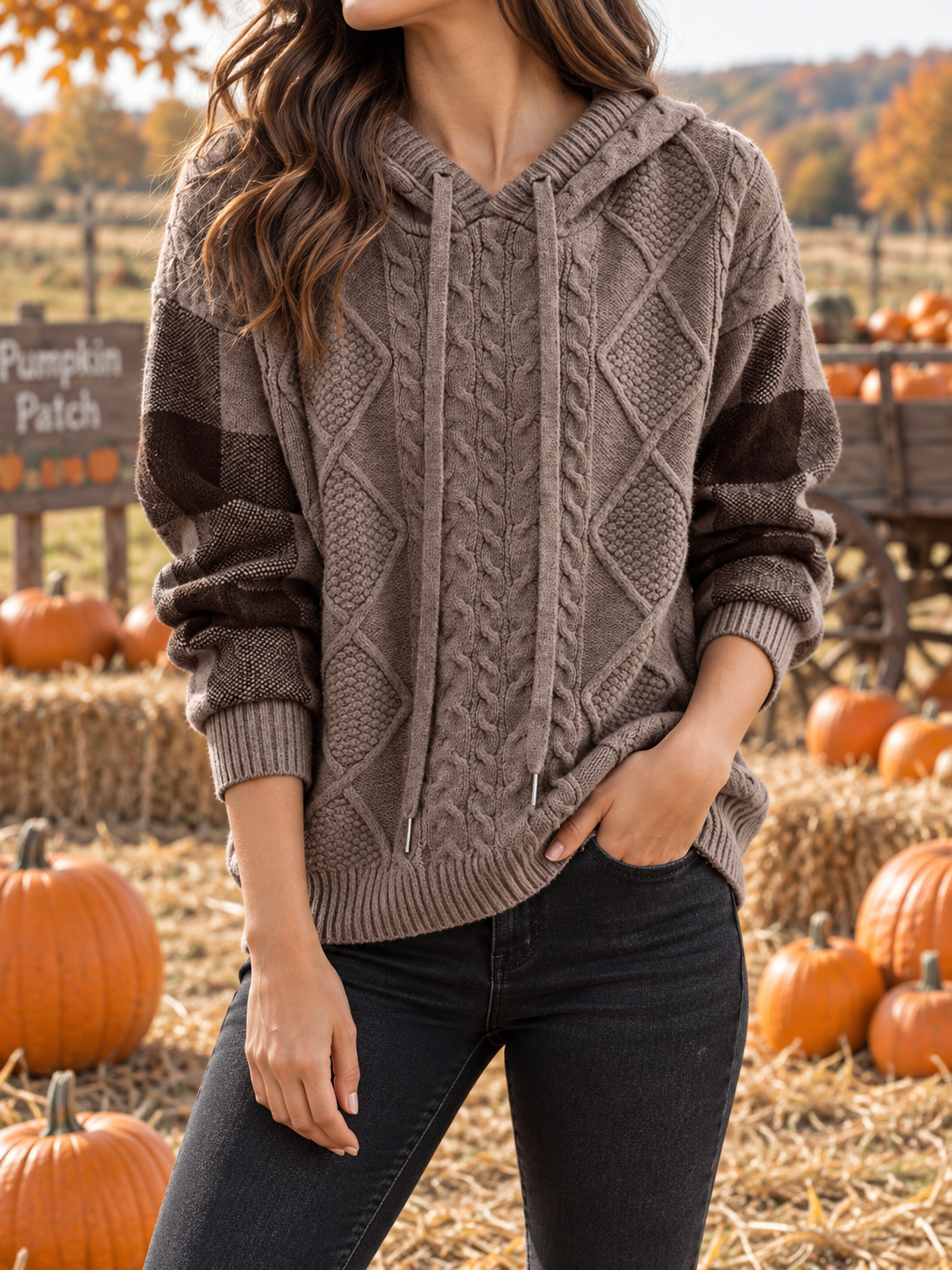Women's Hooded Cable Knit Jumper with Check Sleeves