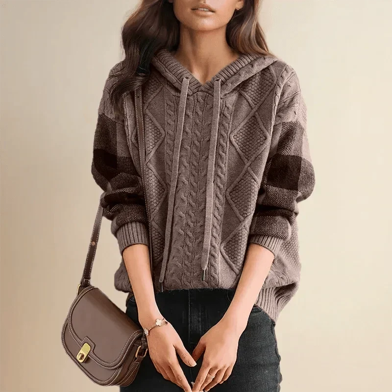 Women's Hooded Cable Knit Jumper with Check Sleeves