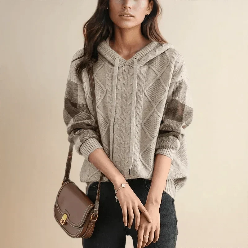 Women's Hooded Cable Knit Jumper with Check Sleeves