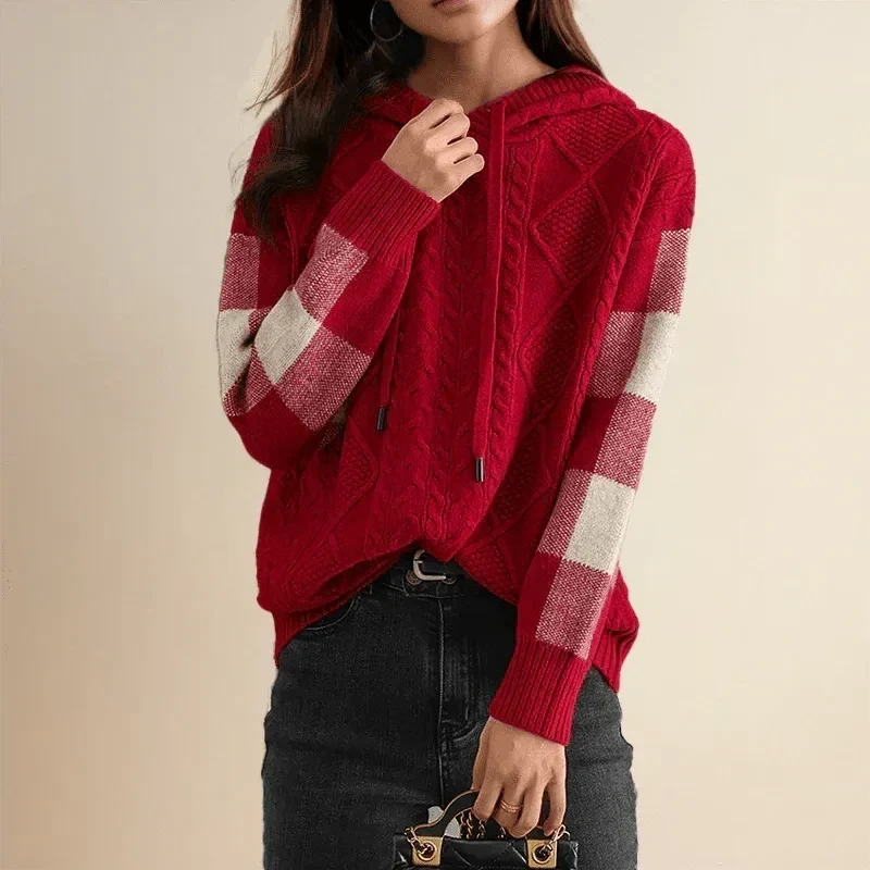Women's Hooded Cable Knit Jumper with Check Sleeves