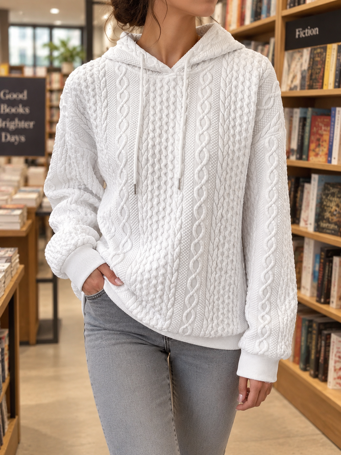 Women's Cable Knit Hooded Jumper with Drawstring