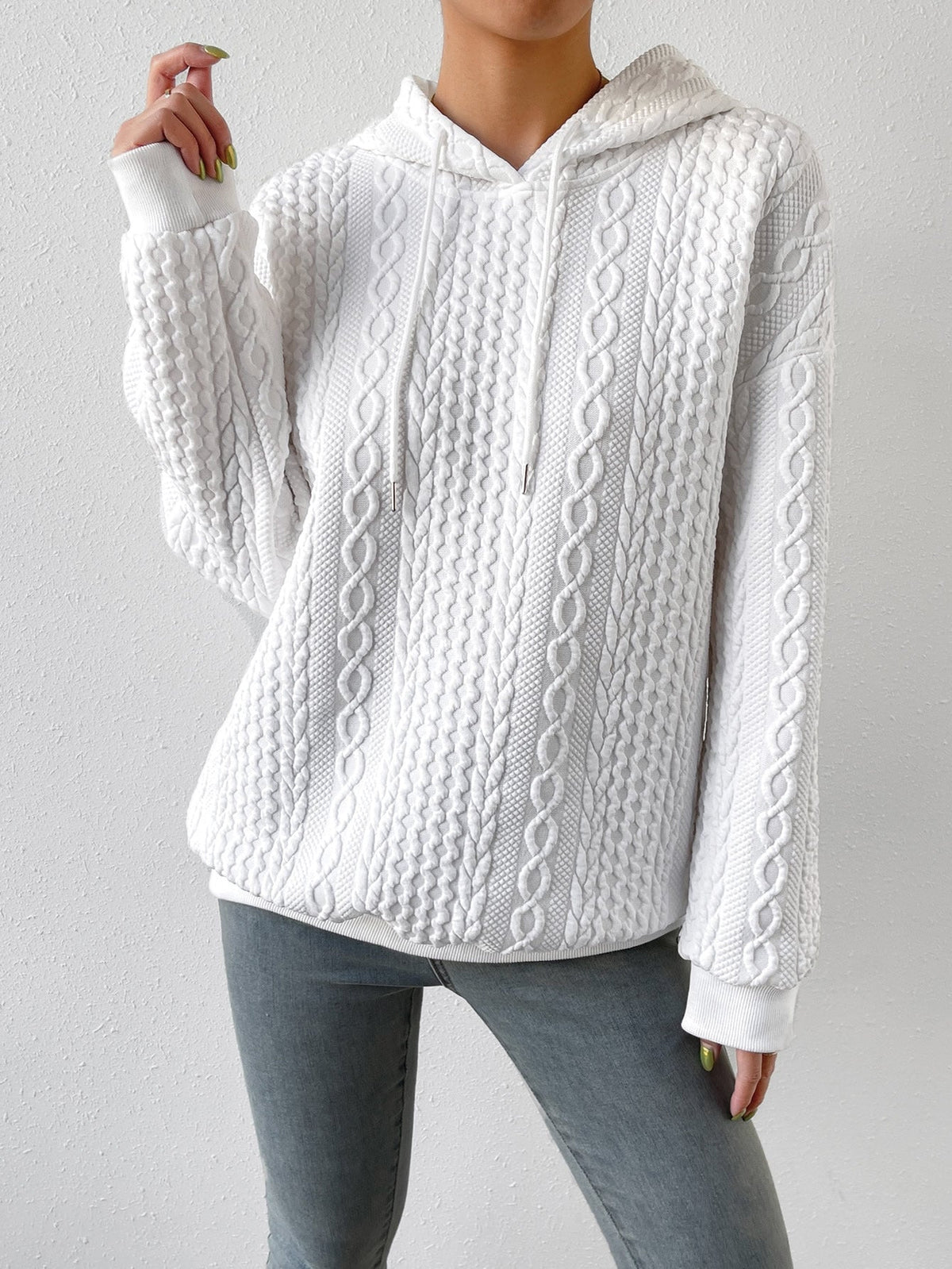 Women's Cable Knit Hooded Jumper with Drawstring
