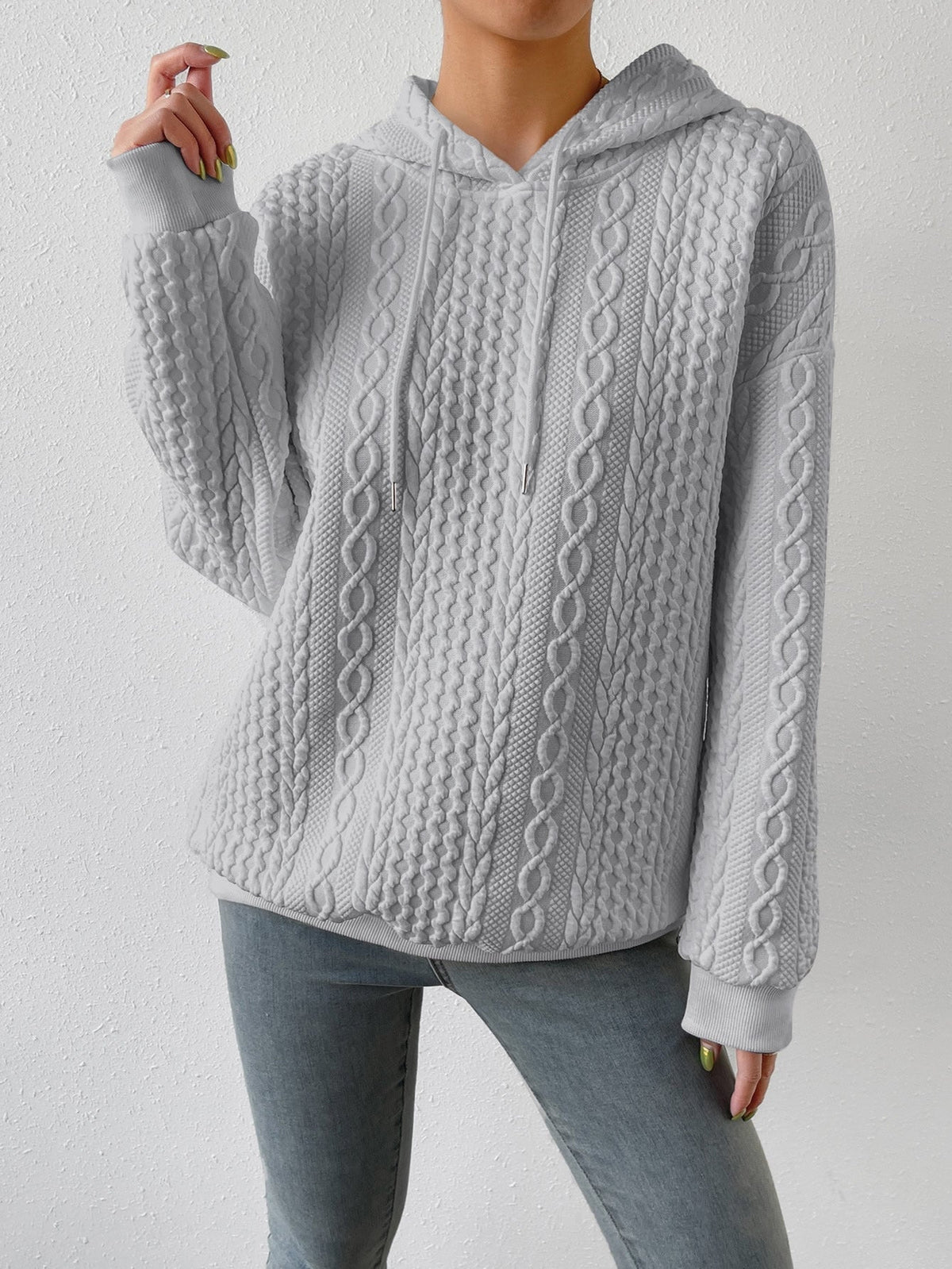 Women's Cable Knit Hooded Jumper with Drawstring