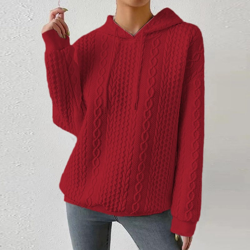 Women's Cable Knit Hooded Jumper with Drawstring