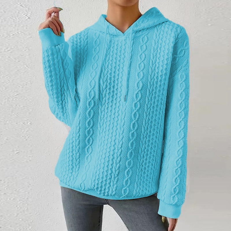 Women's Cable Knit Hooded Jumper with Drawstring