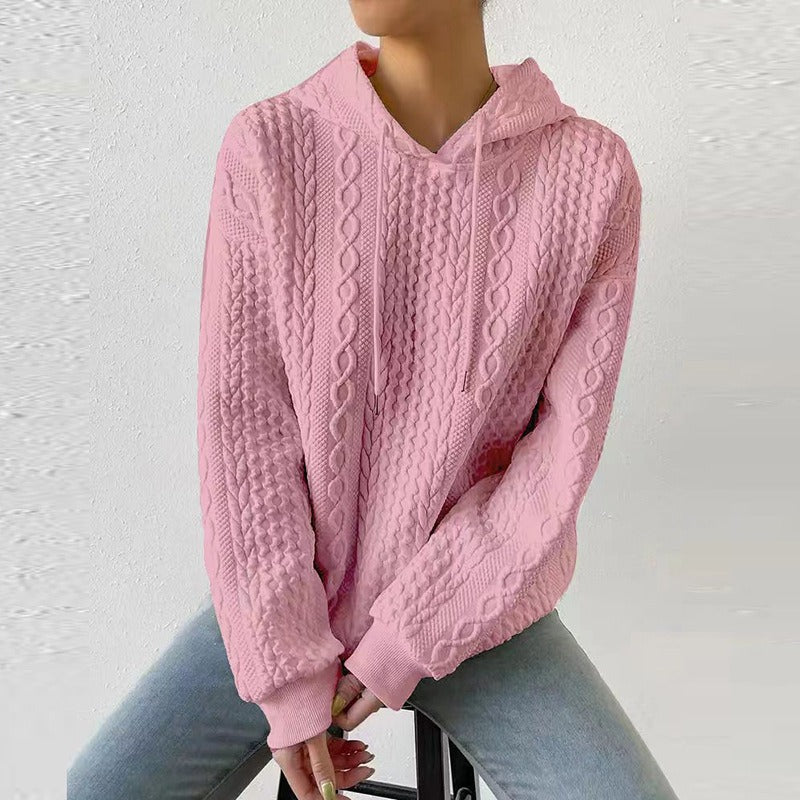Women's Cable Knit Hooded Jumper with Drawstring