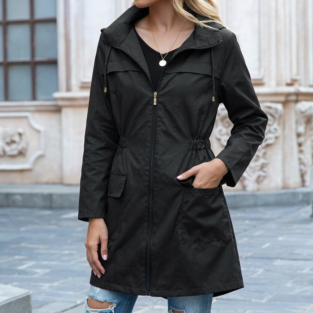 Women's Hooded Longline Rain Jacket with Drawstring Waist