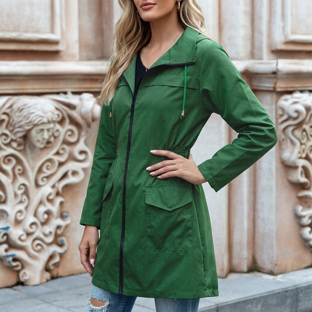 Women's Hooded Longline Rain Jacket with Drawstring Waist