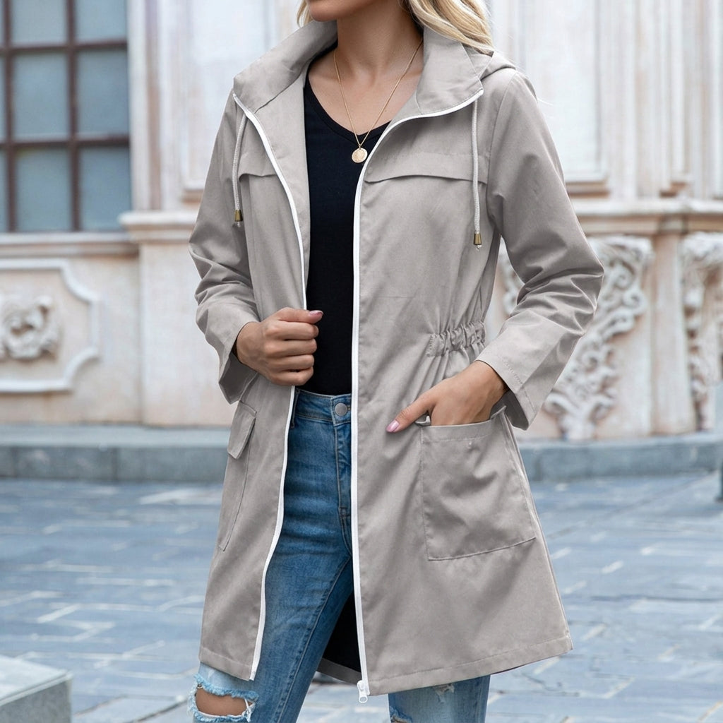 Women's Hooded Longline Rain Jacket with Drawstring Waist