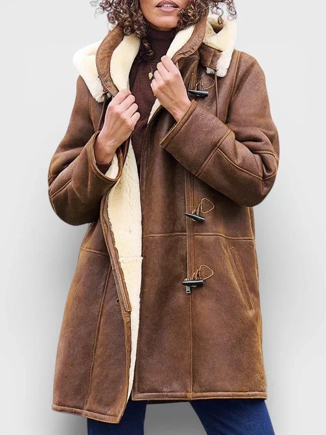 Women's Long Hooded Faux Shearling Toggle Coat in Brown
