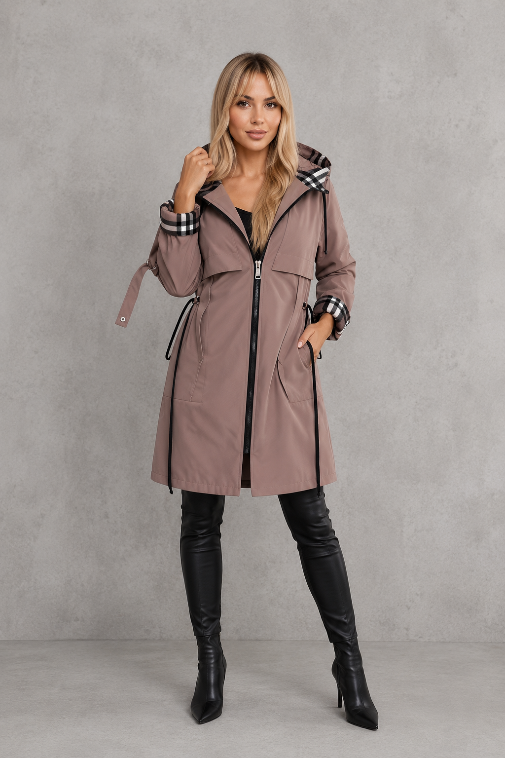 Women's Hooded Parka Jacket with Check Trim