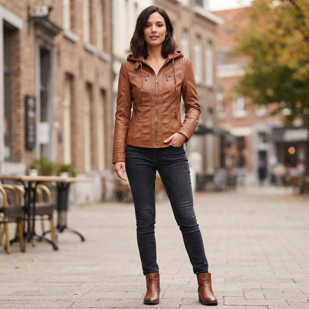 Women's Hooded Zip-Front Faux Leather Moto Jacket
