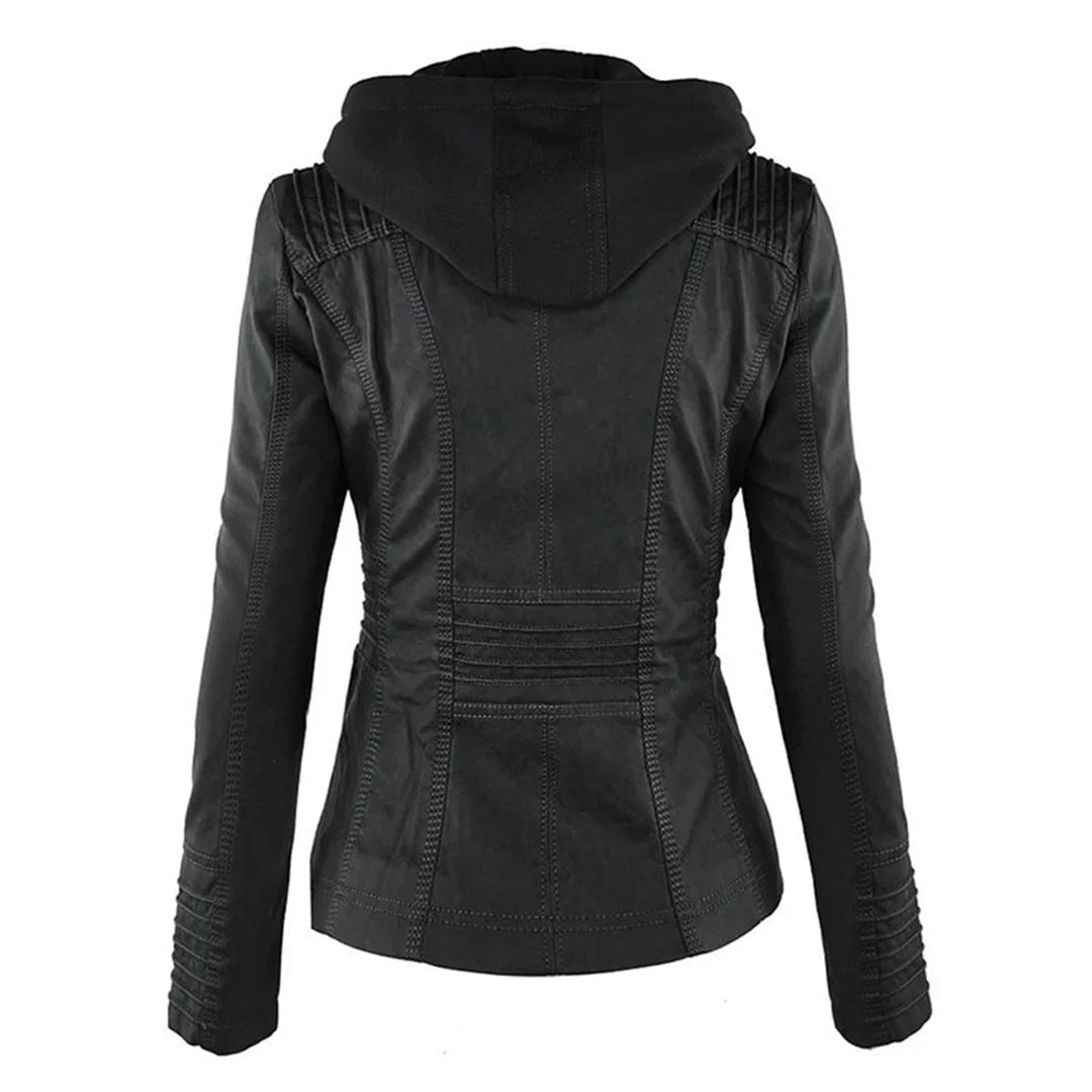 Women's Hooded Zip-Front Faux Leather Moto Jacket