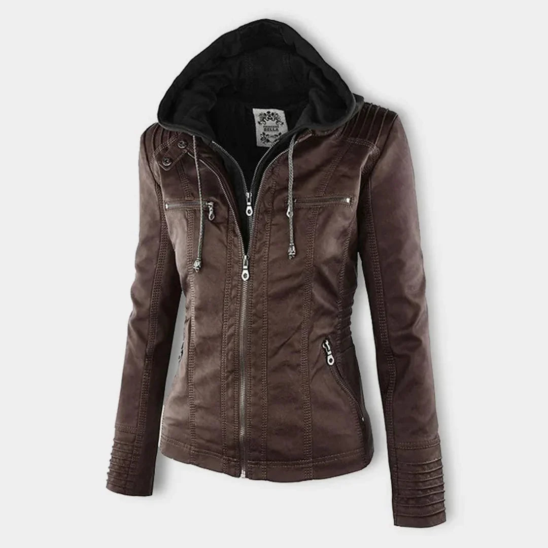 Women's Hooded Zip-Front Faux Leather Moto Jacket