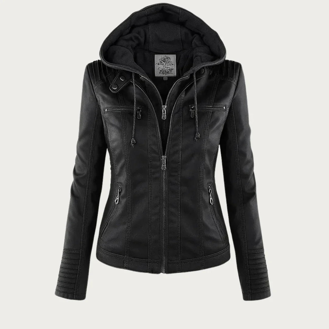 Women's Hooded Zip-Front Faux Leather Moto Jacket