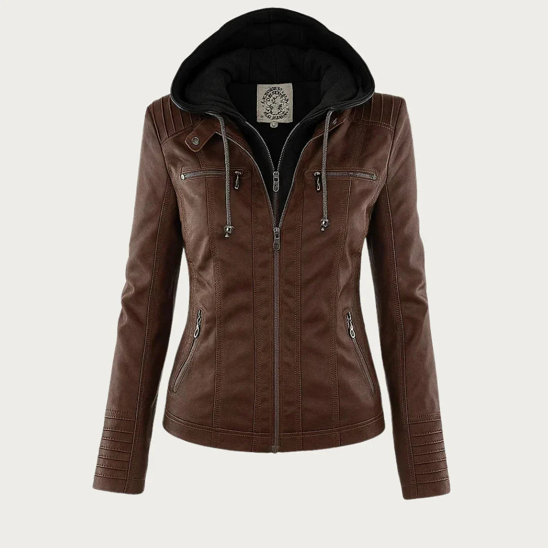 Women's Hooded Zip-Front Faux Leather Moto Jacket