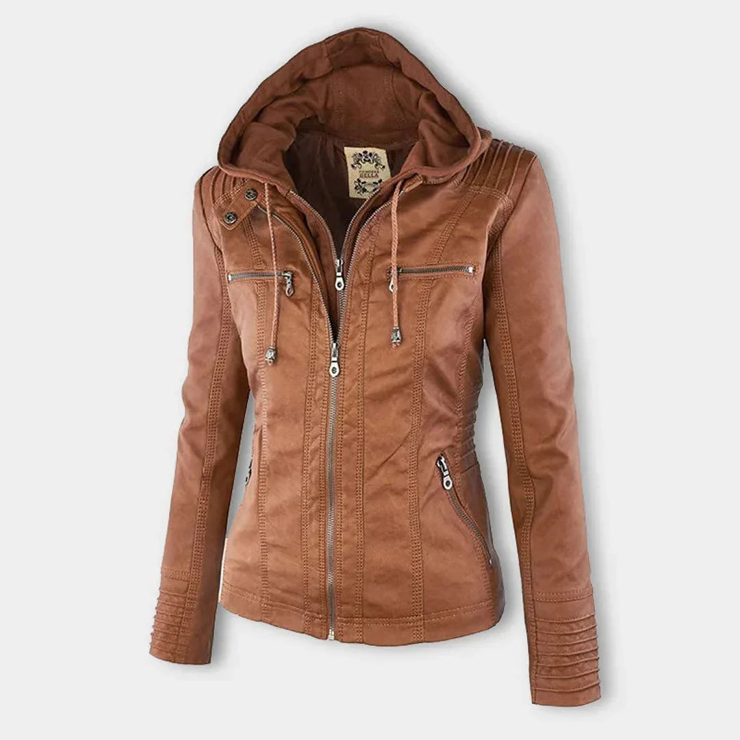 Women's Hooded Zip-Front Faux Leather Moto Jacket