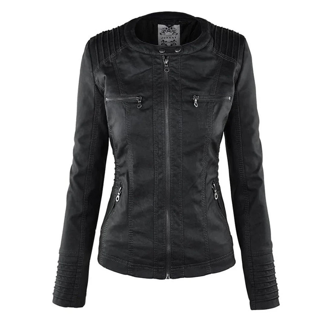 Women's Hooded Zip-Front Faux Leather Moto Jacket