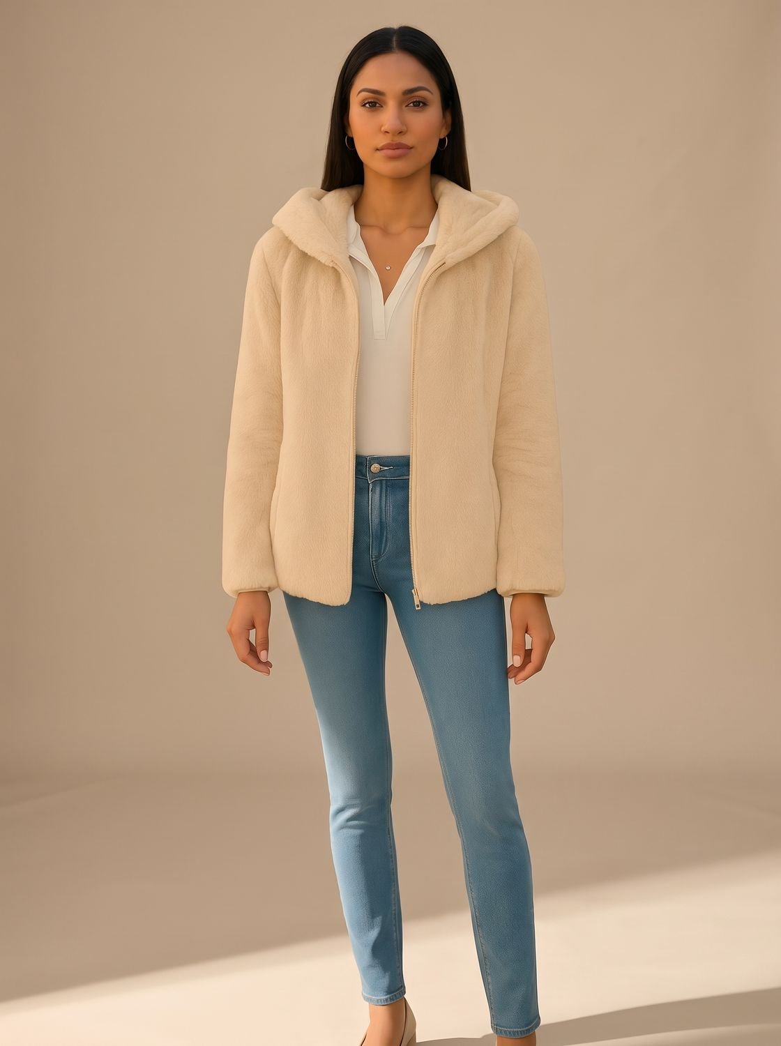 Women's Hooded Zip-Up Faux Fur Teddy Jacket