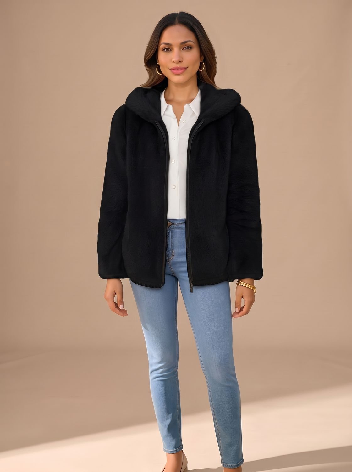 Women's Hooded Zip-Up Faux Fur Teddy Jacket