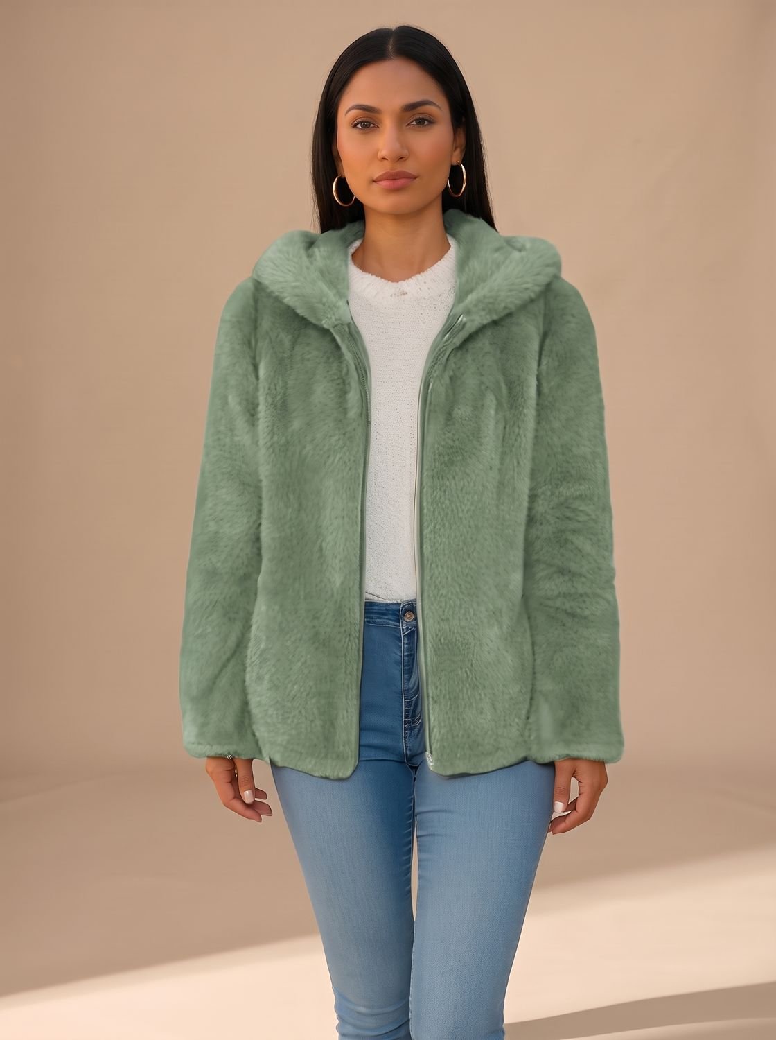 Women's Hooded Zip-Up Faux Fur Teddy Jacket