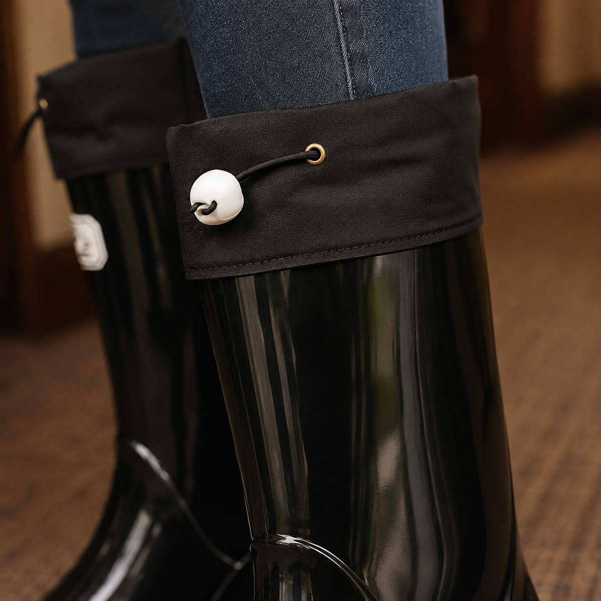 Women's Glossy Rubber Drawstring Cuff Wellington Boots