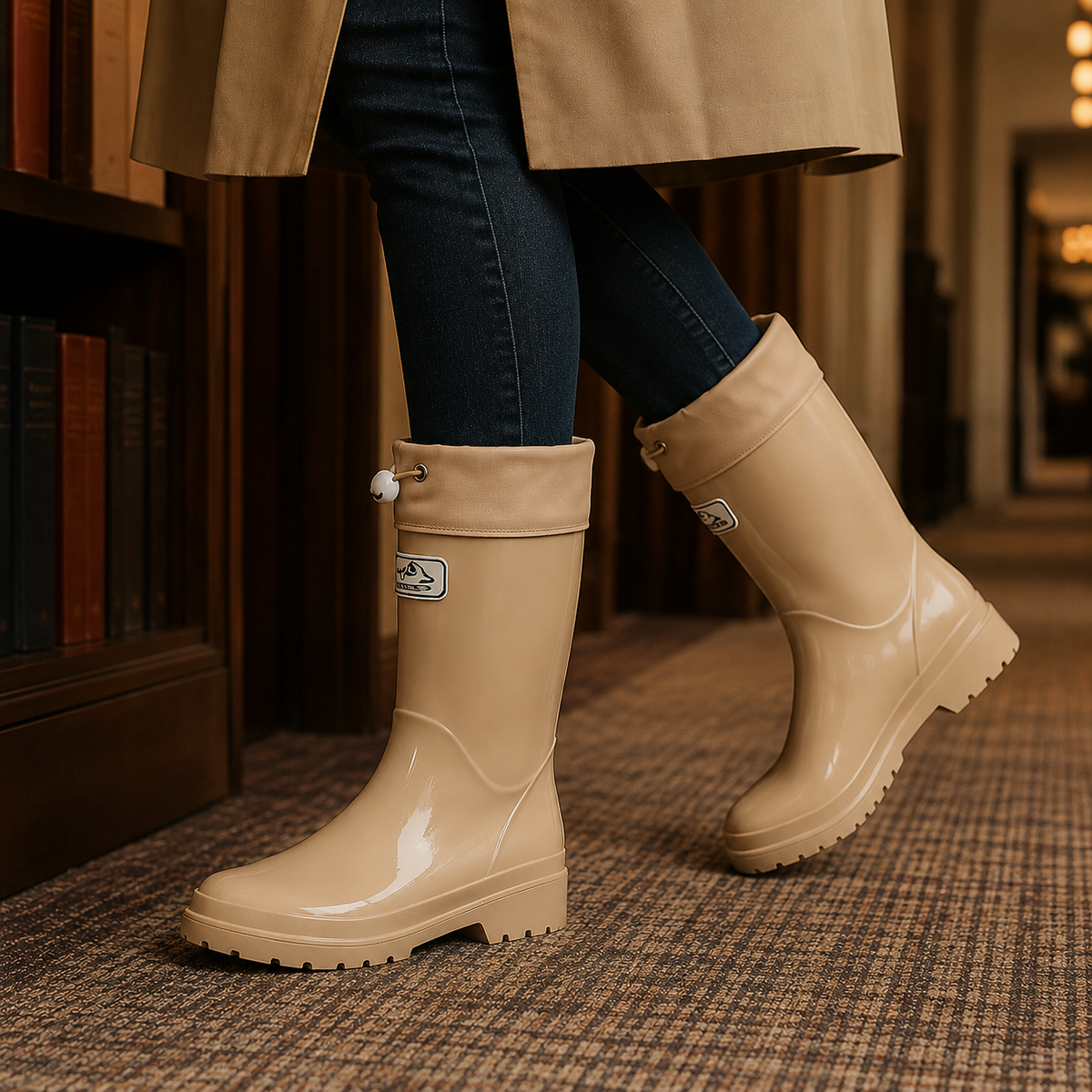 Women's Glossy Rubber Drawstring Cuff Wellington Boots