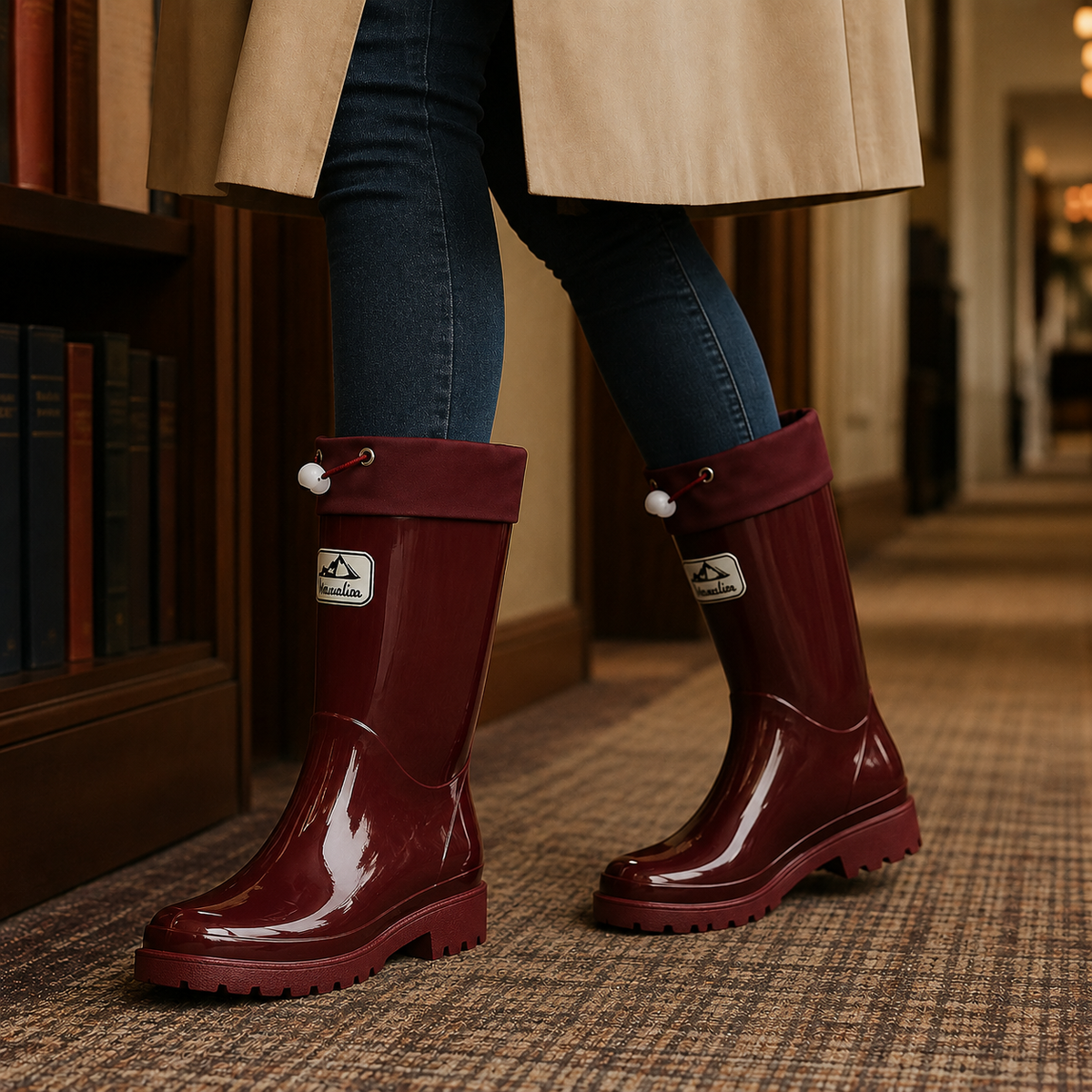 Women's Glossy Rubber Drawstring Cuff Wellington Boots
