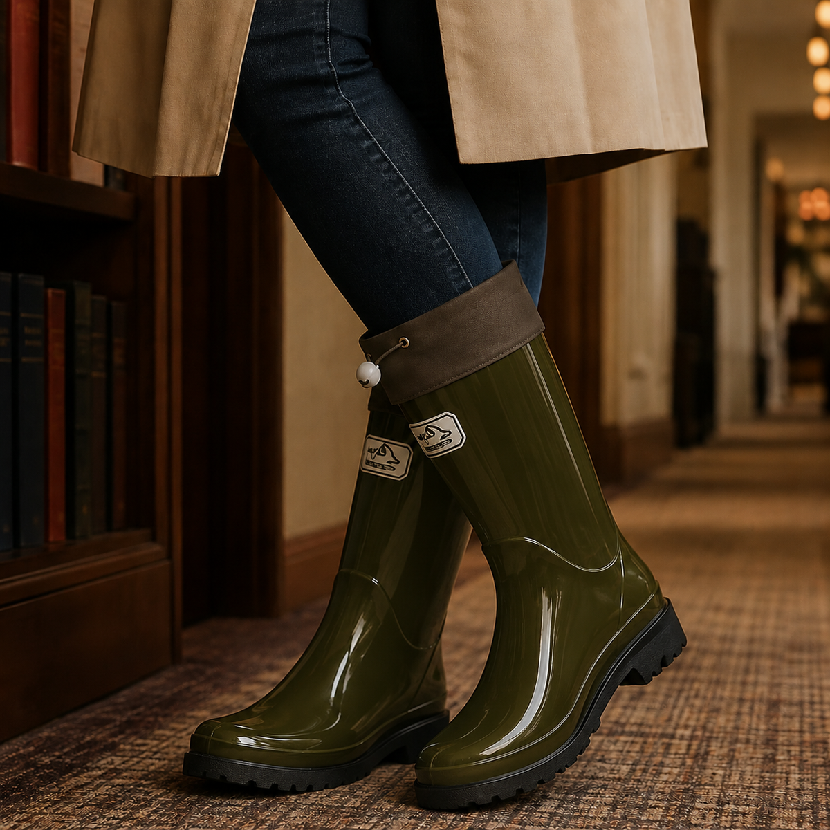 Women's Glossy Rubber Drawstring Cuff Wellington Boots