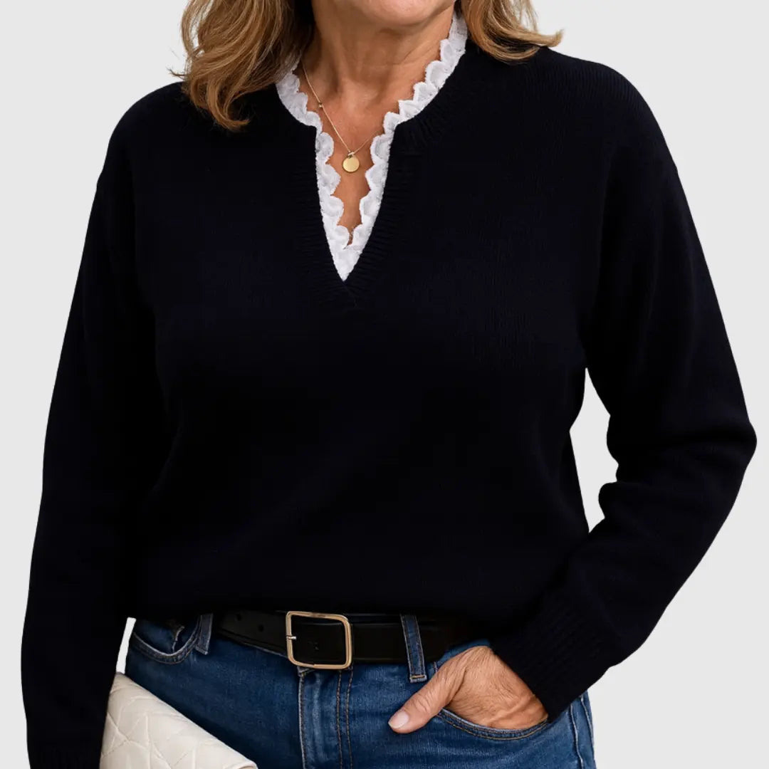 Women's V-Neck Knit Jumper with Lace Trim