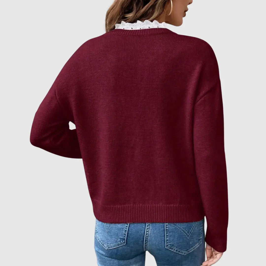 Women's V-Neck Knit Jumper with Lace Trim