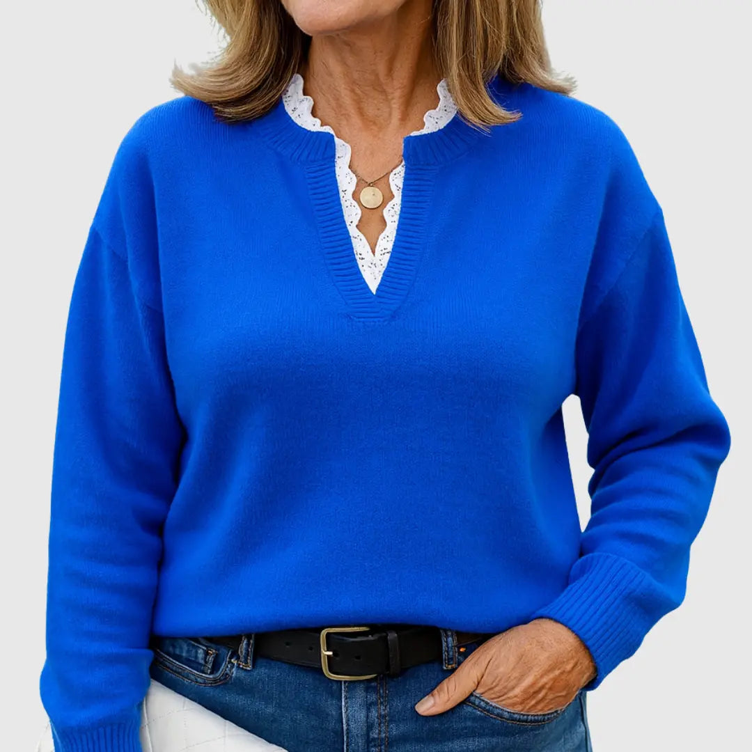 Women's V-Neck Knit Jumper with Lace Trim