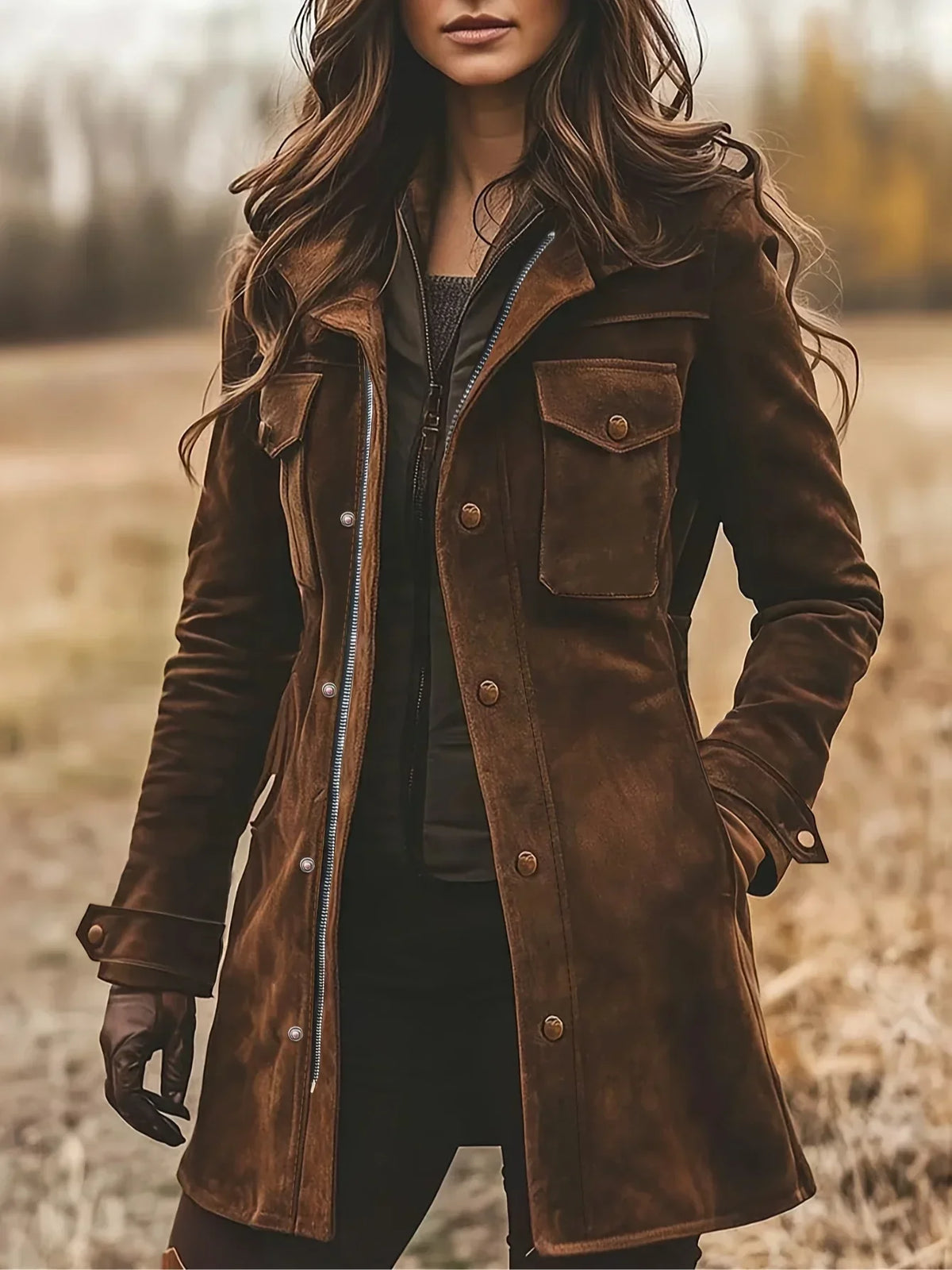 Women's Lapel Collar Faux Suede Utility Coat in Brown