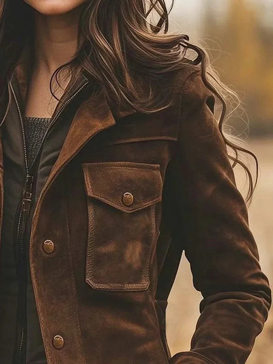 Women's Lapel Collar Faux Suede Utility Coat in Brown